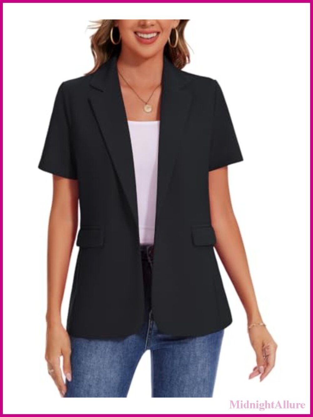 Women's Lightweight Short Sleeve Blazer Button Casual Work Jacket with Pockets